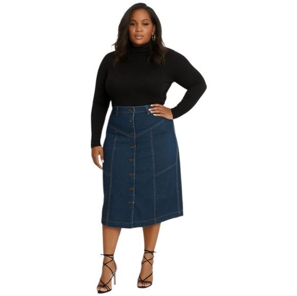 Cato Women's Plus Blue Denim Med Wash A Line  Button Front Long Skirt 18W - Picture 1 of 6